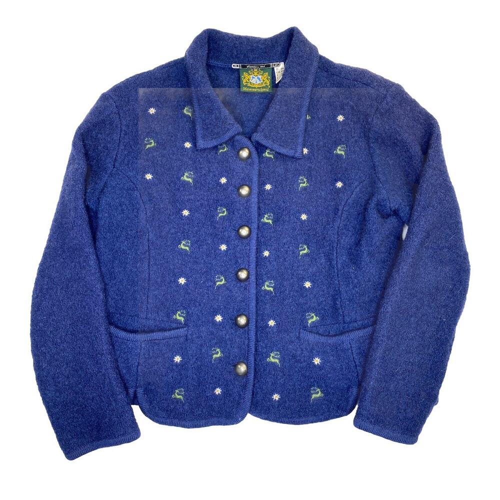 Hammerschmid 100% Wool Blue Cardigan Women’s Medium Christmas Floral